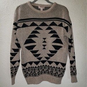 Forever 21 Oversized Sweater Sz XS Aztec Southwestern Boho Beige Black Knit